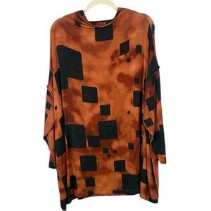 Ozai N Ku Bold Orange and Black Oversized Squared Patterned Tunic Top Size XL